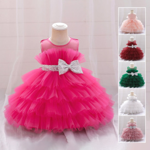 Sequin Bow Multi-Layered Fluffy Cake Skirt Kidsren's Dress Princess Gauze Skirt Baby Birthday First Birthday Dress