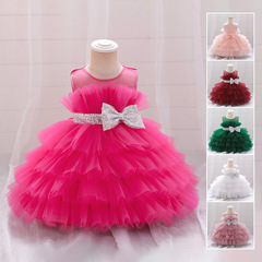 Shiny butterfly bow multi-layer padded cake skirt children's dress princess chiffon dress baby's first birthday celebration gown