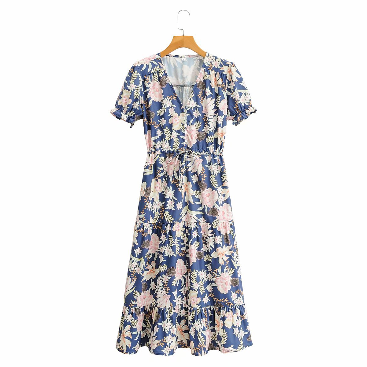 printing V-neck tie short-sleeved dress  NSAM34802