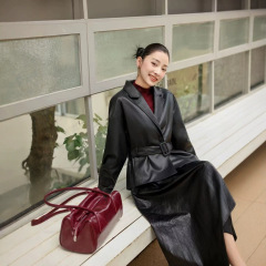 秋冬新款复古翻领收腰超软蛋白皮皮衣外套短款外套风衣女25A13