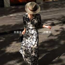 金辉夏季真丝双绉领交叉绑带连衣裙