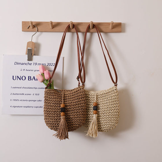 Cross-border Supply Crossbody Straw Bag New Wooden Beads Tassel Straw Bag Woven Bag Holiday Style Beach Bag Shoulder Bag Women's Bag