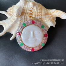 跨境贝壳雕刻笑脸水钻点缀红绿宝石吊坠配饰欧美流行饰品现货