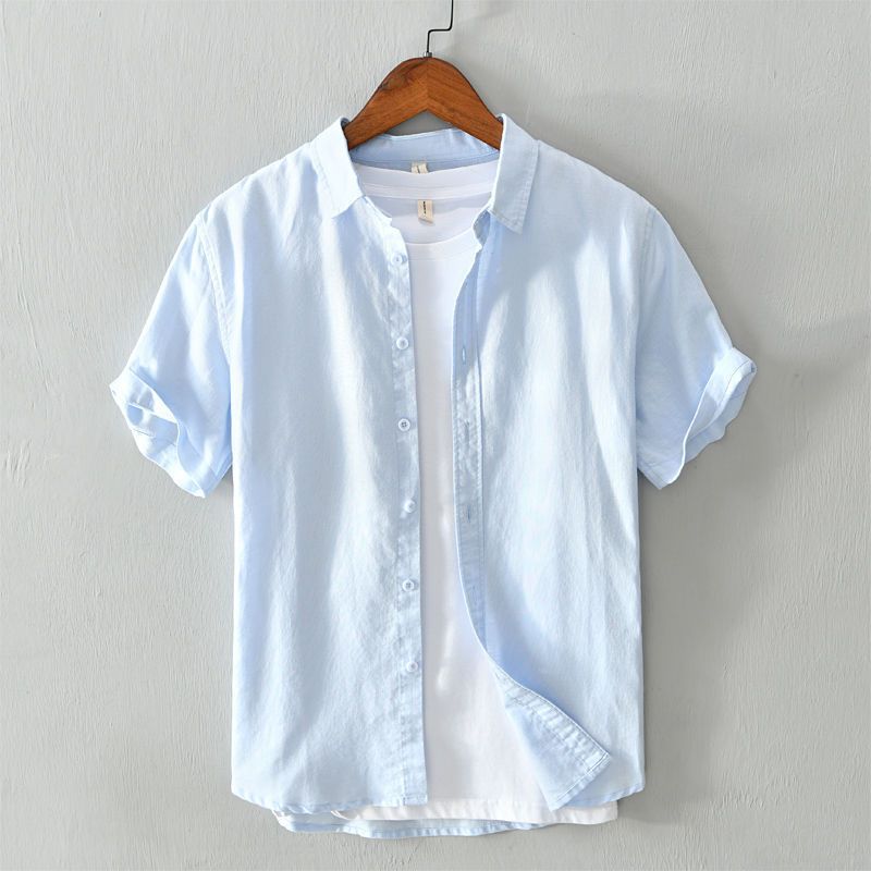 Camisa japonesa de manga corta de lino con cuello cuadrado casual simple, camisa fina de algodón y lino transpirable para hombre, media manga de color sólido delgado