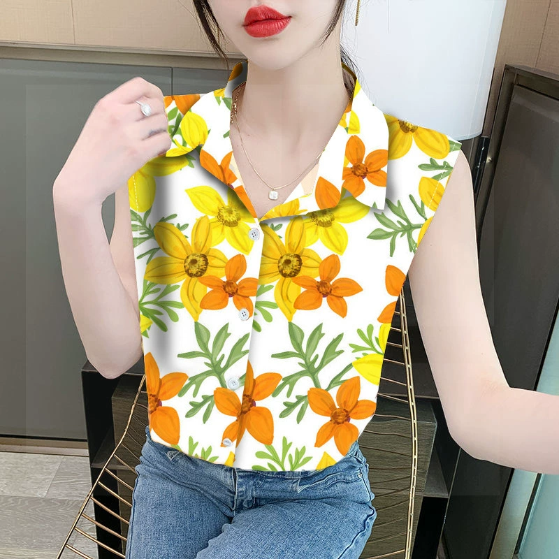 Женская свободная шифоновая блузка без рукавов с принтом на лацканах, с воротником поло, закрывающая живот, для трансграничной торговли