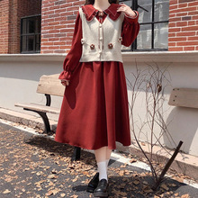 小个子秋装娃娃领连衣裙马甲两件套装小清新甜美学生复古过膝长裙