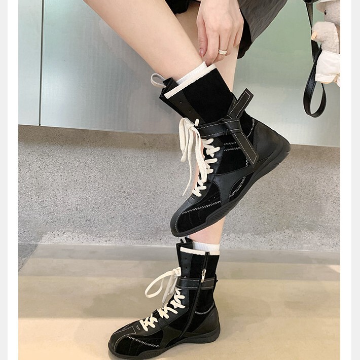 葡萄妈同款现货~时髦复古拼色百搭绑带侧拉链猎装德训马丁靴女秋|undefined