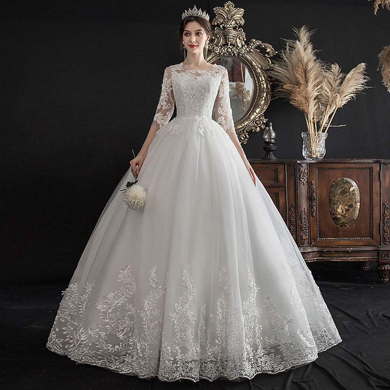 Foreign Trade Bridal Wedding Dress 2026 New French Simple Style Dress for Petite Figures, Slimming, Aliexpress Long-Sleeved Lace Tulle