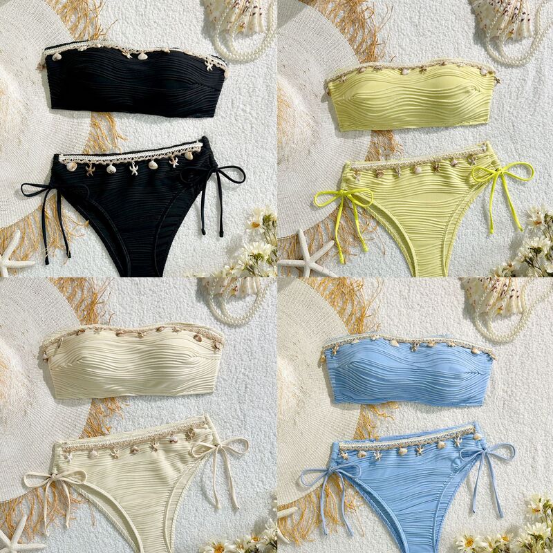 2026 European and American New Style Sexy Solid Color Strapless Shell Women's Beach Vacation Swimsuit Bikini Foreign Trade Swimwear