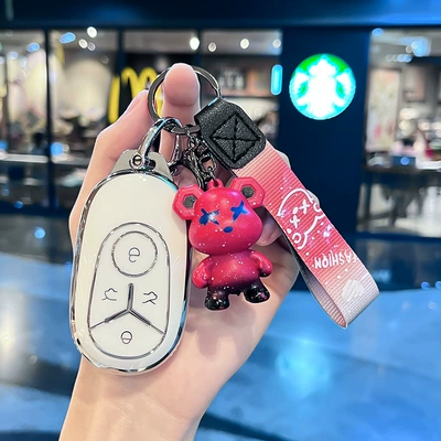 Version High-End Female Car Protective – Car key bag - geely-g-model-smart-4-button-single-shell-white-red-violent-bear-pendant