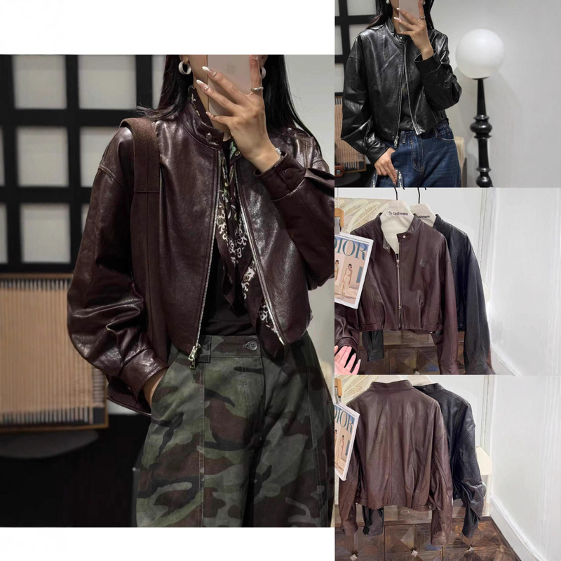 [Little Monster Style] 2025 New Oil Wax Genuine Leather Jacket Women's Sheepskin Stand Collar Motorcycle Jacket Short Jacket