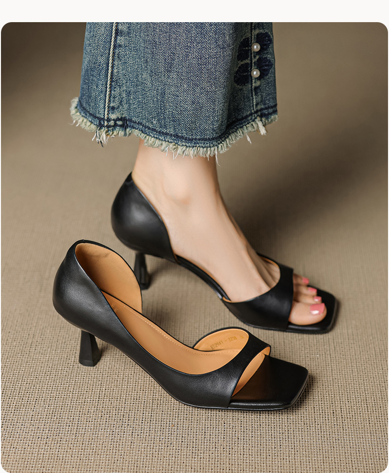 Sandal cao gót nữ hở mũi mũi vuông gót nhỏ 6 cm phong cách Hàn Quốc — đen chi tiết 16