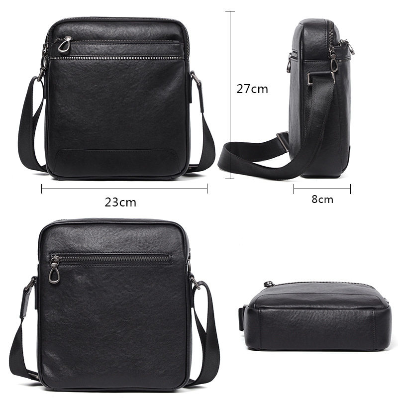 Túi đeo chéo nam da bò lớp đầu, túi đeo vai mở rộng đựng máy tính bảng 9 inch — Màu đen
