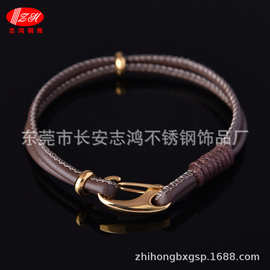 欧美热销不锈钢虾公扣皮绳手链手工编织羊皮绳手链情侣款