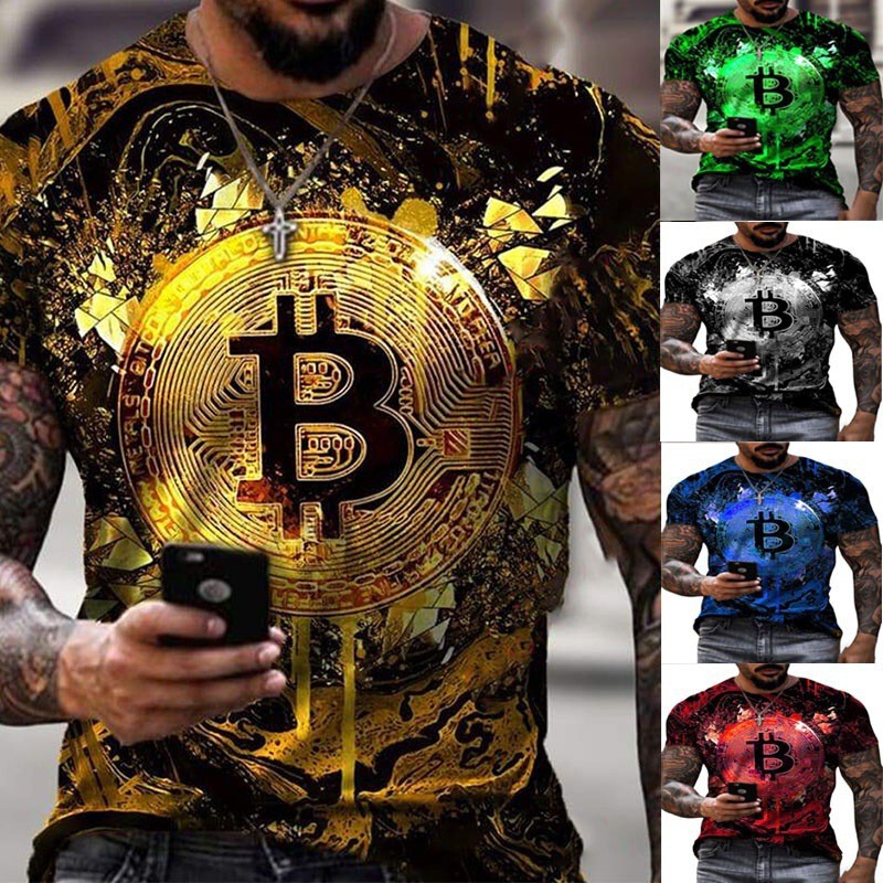 Cross-border European and American Men's Round Neck Short Sleeve T-shirt 3D Digital Printing Bitcoin Teenager Pullover Trendy Top