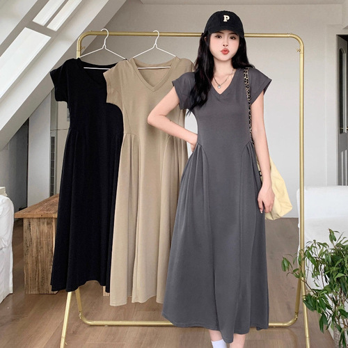 Dress Women Solid Color Simple V-Neck Slimming Elegant Long-Sleeve Slimming Versatile Long Dress Loose Plus Size