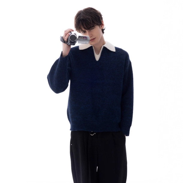 New Trendy Men's British Style Lapel Fake Two-Piece Heavy Sweater Men's High-Sense Wear Light Luxury Knitwear Cool