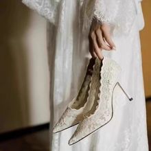 女士气质婚鞋新娘订婚鞋白色蕾丝高跟鞋秋季配旗袍穿的鞋新中式风
