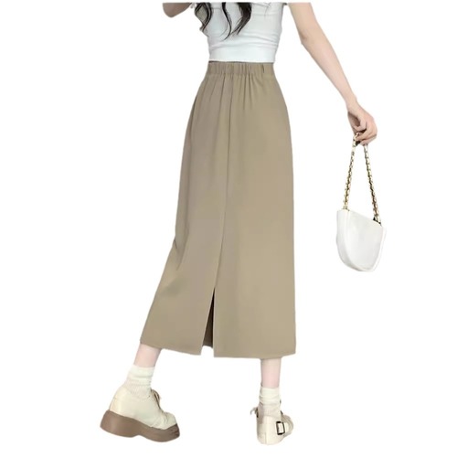 Glossy Stretch Waist Grey Suit Fabric Skirt for Women - Summer Bodycon A-line Skirt, High-Waisted Slimming Skirt with Slits, Mid-Length Dress