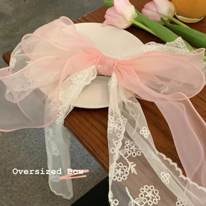 Lace pink printed bow ribbon hairpin women's large back spoon spring clip French temperament hairpin hair accessories_voghion.com