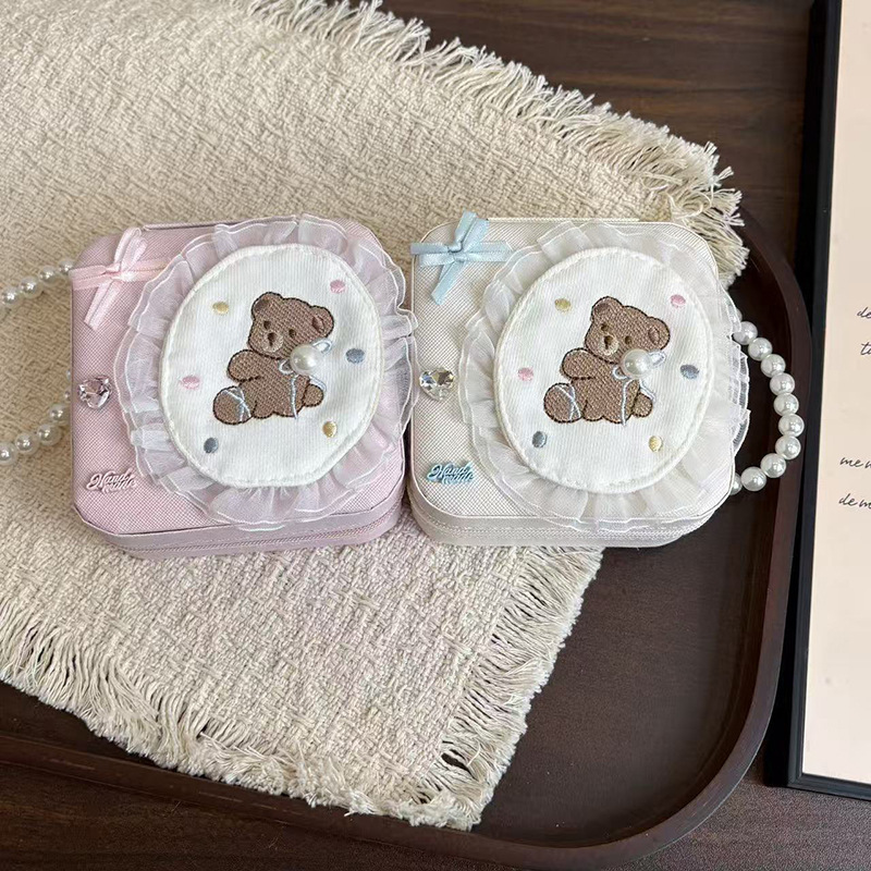 New cartoon bear accessory storage box with pearl chain, cute lace fabric girl's makeup bag pendant wholesale New cartoon bear accessory storage box with pearl chain, cute lace fabric girl's makeup bag pendant wholesale