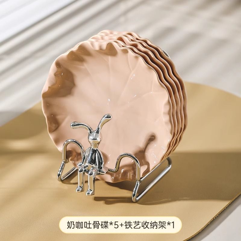 荷叶陶瓷吐骨碟轻奢小吃盘甜品盘干果盘高颜值小碟子带收纳架套装|undefined
