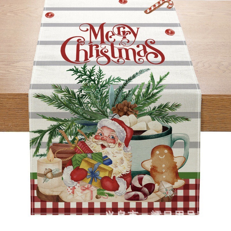 国境を越えて人気のクリスマステーブル旗サンタクロースヘラジカ雪だるま亜麻プリント客間茶卓装飾品|undefined
