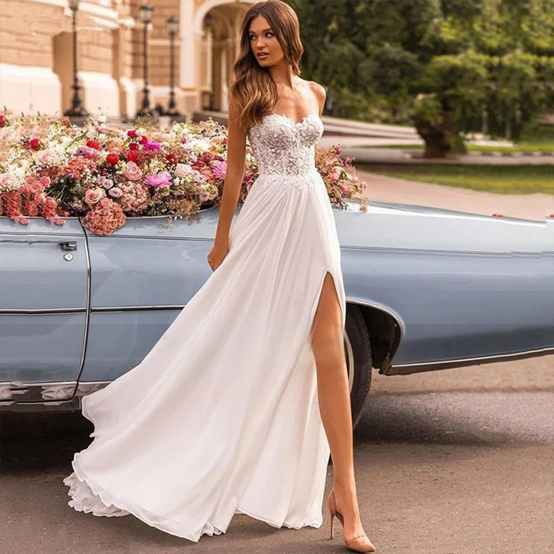 European and American Foreign Trade Street Photography Wedding Dress White Strapless Lace Long Dress Simple and Elegant Small Train Dress