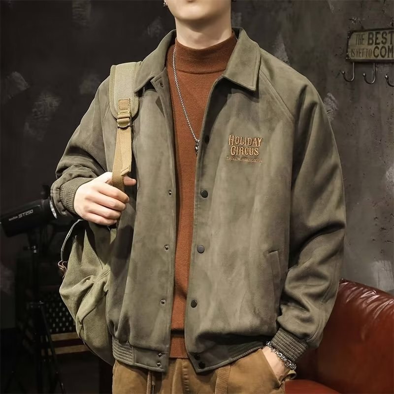 Spring and Autumn American retro suede lapel baseball uniform men's loose casual jacket versatile trendy jacket top Spring and Autumn American retro suede lapel baseball uniform men's loose casual jacket versatile trendy jacket top