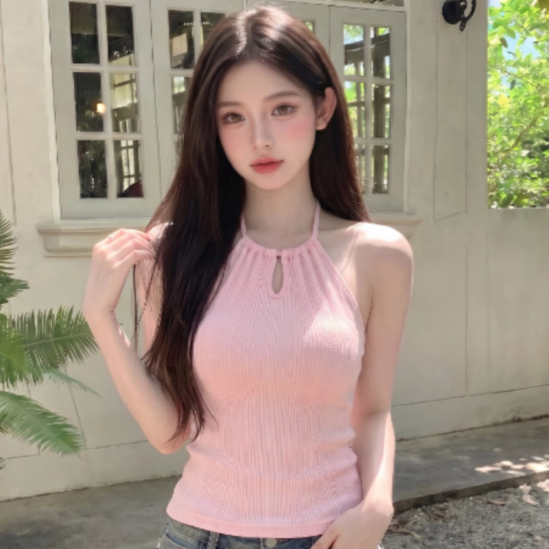 Pure Desire Style Hollow-Out Backless Halter Neck Knit Tank Top, New Summer Slim-Fit Sexy Fashion Versatile Top