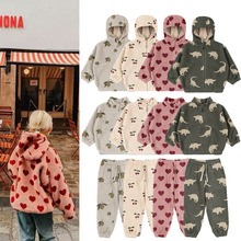 现货25秋冬新款男女童装ks同款毛毛系列带帽衫柠檬上衣长裤套装