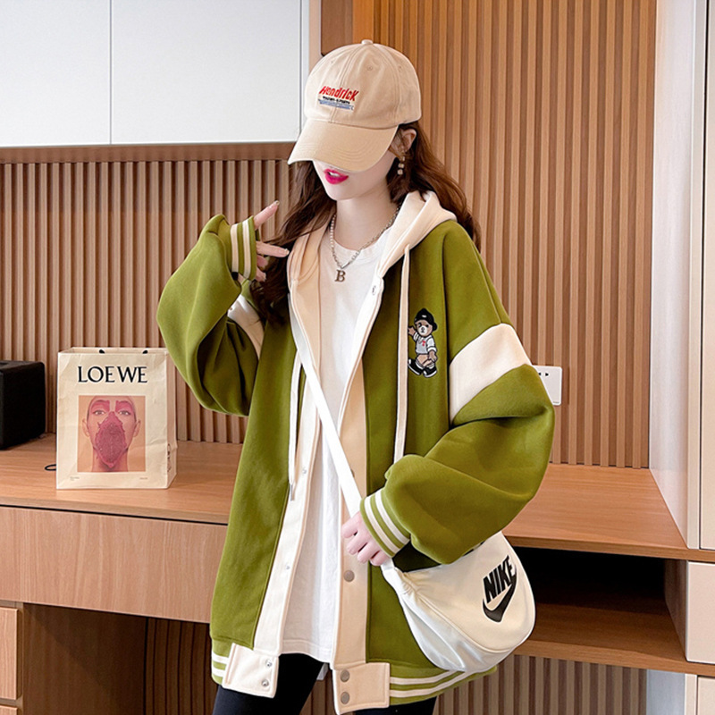 初秋の野球ユニフォームジャケット女性の春と秋の韓国風ゆったり大きいサイズ多用途カラーマッチング中学生薄手カーディガンスウェットシャツ|undefined