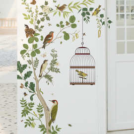 清新植物叶子背景贴纸儿童房大树鸟笼墙贴小鸟卧室沙发墙面装饰贴