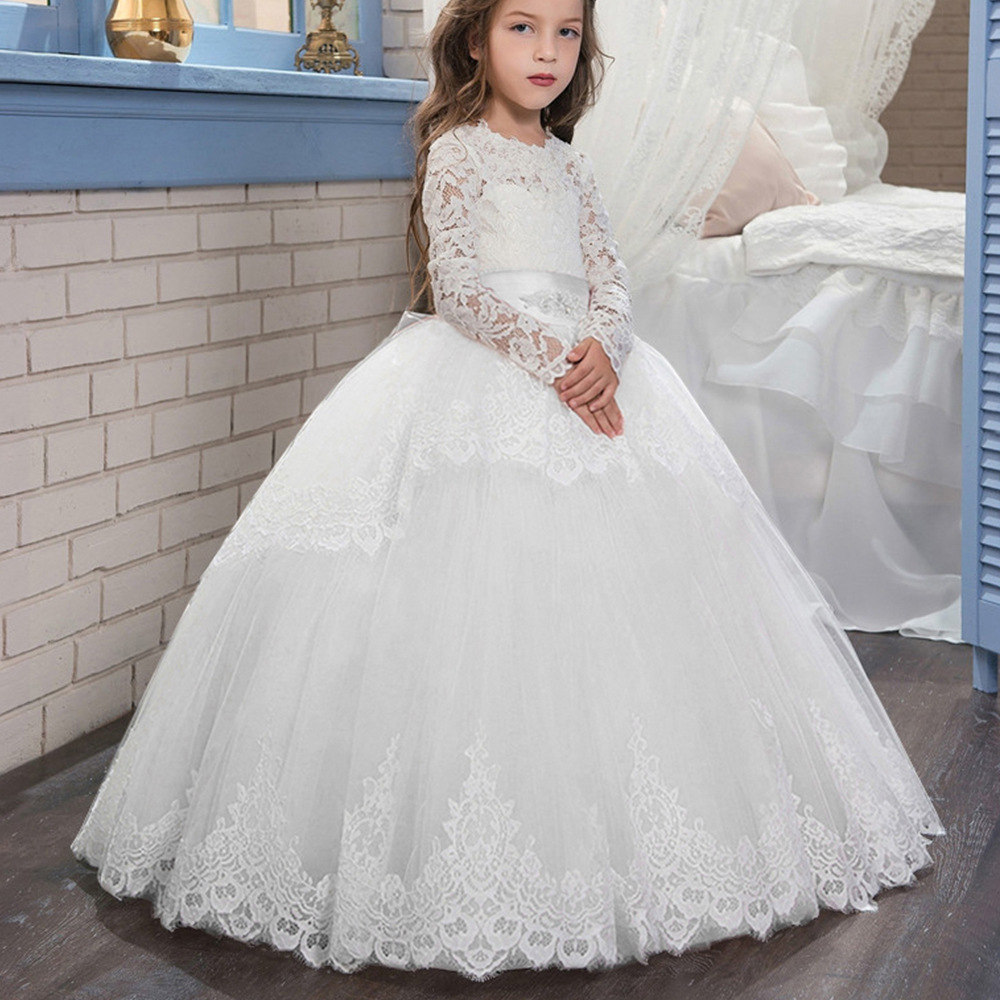 Comercio exterior transfronterizo nuevo encaje doble manga larga invierno bola flor chica pettiskirt vestido de novia entrega de una sola pieza