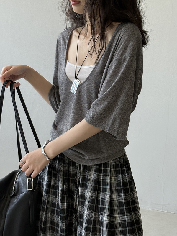 Yanshuang レイジー U ネック無地半袖 Tシャツレディース夏細いショルダーキャミソールコントラストカラー 2 点セット 82529|undefined