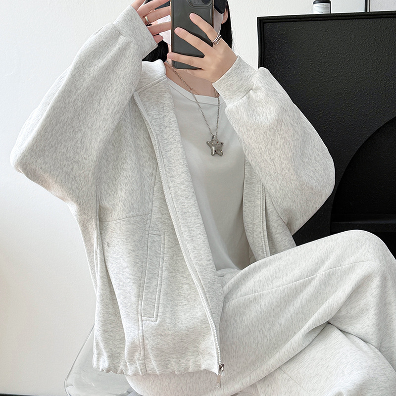 连帽卫衣外套女早秋2025新款秋季韩版宽松百搭女款灰色中长款上衣|undefined