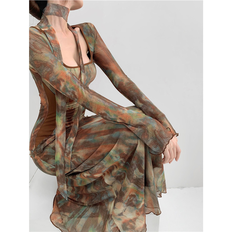 [in Stock] Multi-Faceted Gradient Mesh Print Ribbon Dress for Women, Spring/Summer, Ruched Waist, Slimming, Lantern Sleeves, Long