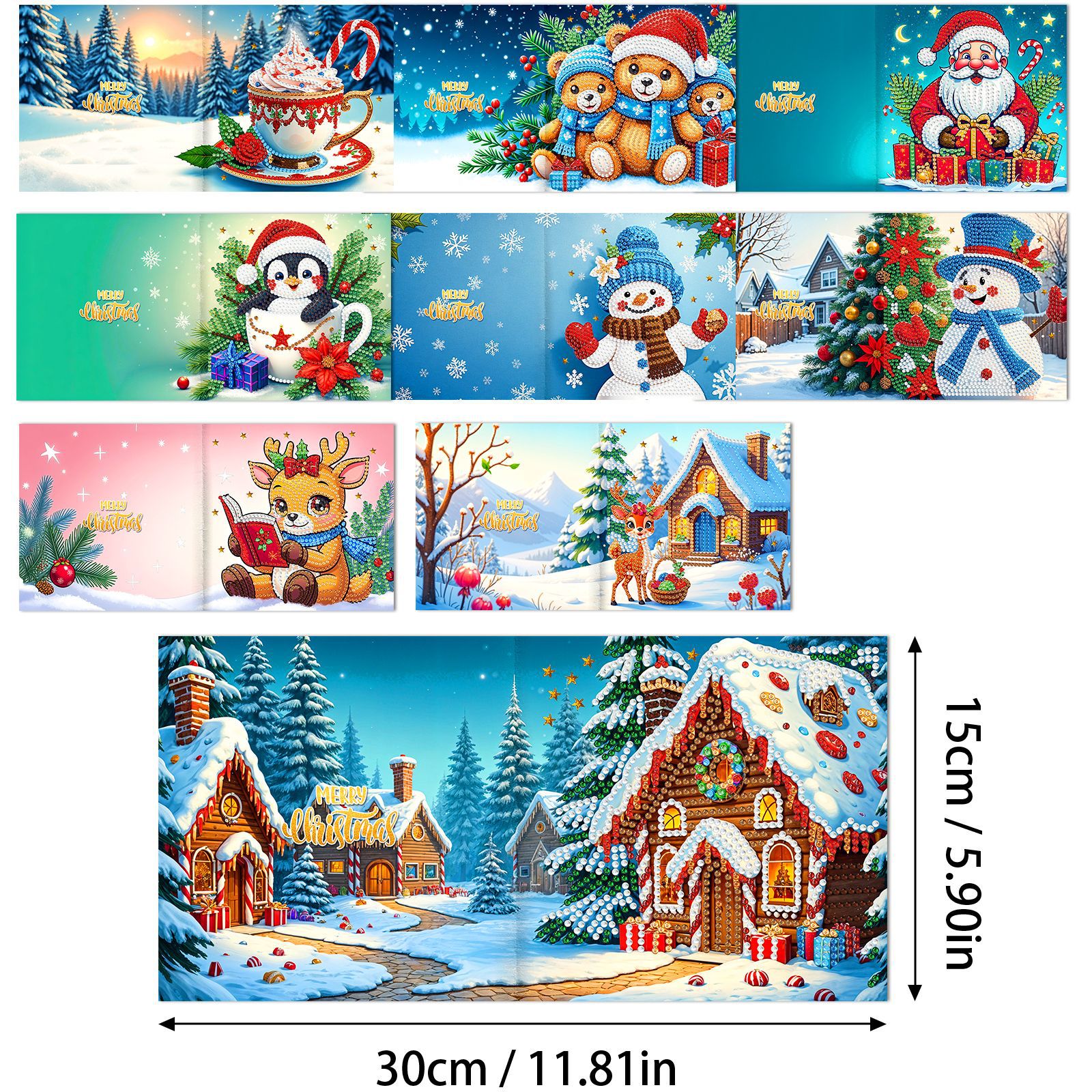 Explosiones transfronterizas de Navidad multiserie de tarjetas de felicitación puntuales hechas a mano 9 conjuntos de sobre de diamante 6 conjuntos de dibujos animados