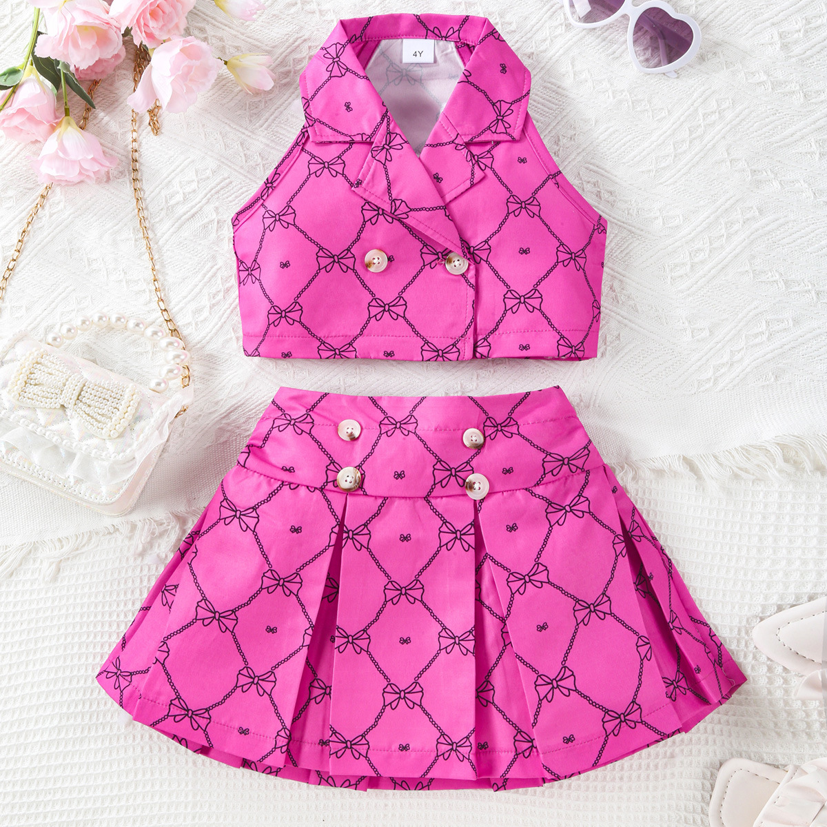 2024 nuevas niñas moda personalizada impreso traje solapa moda sin mangas chaleco Top + Falda plisada