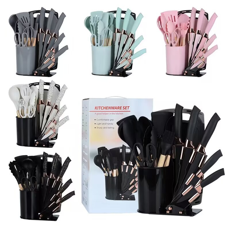 Stainless steel kitchen knife set, 19-piece, with acrylic block