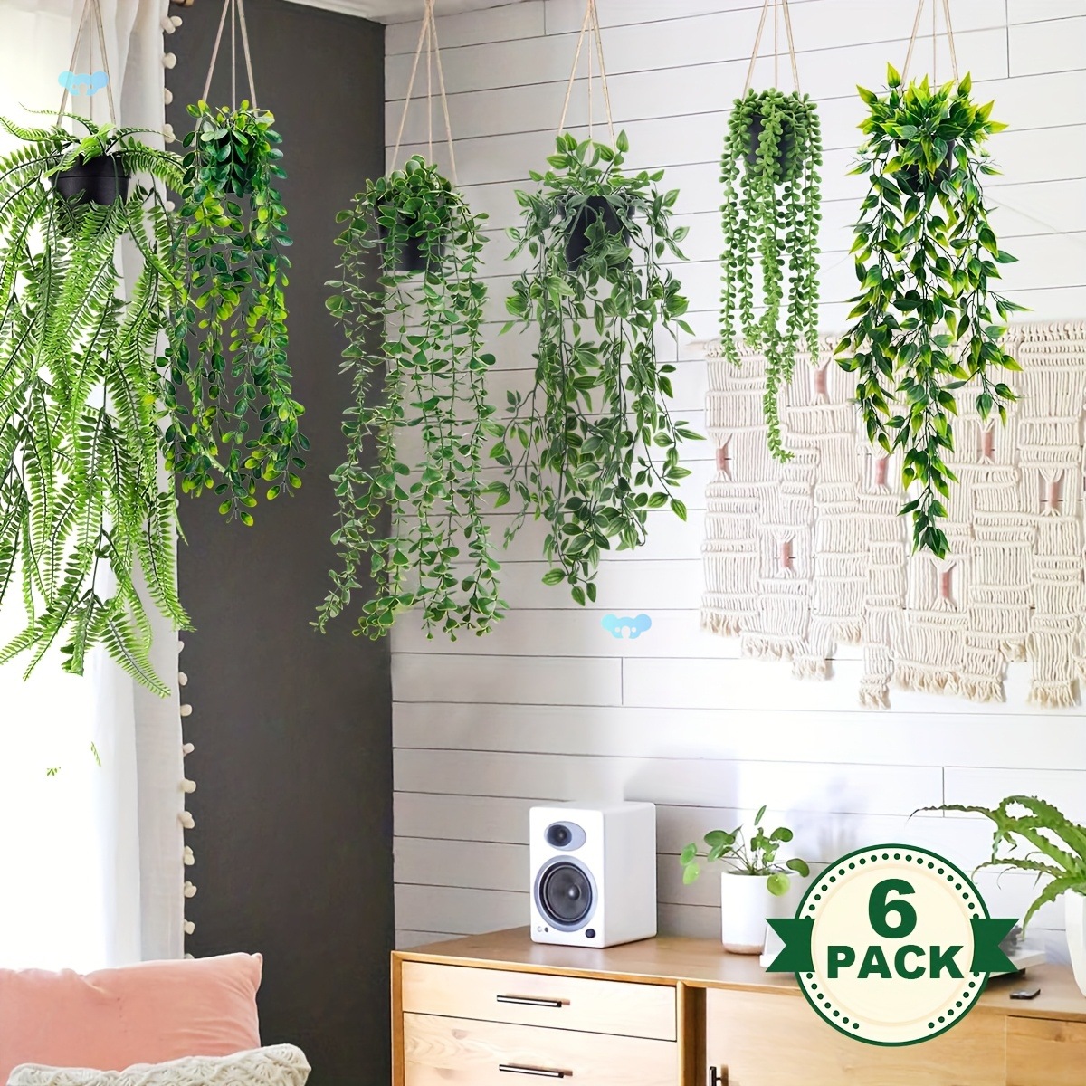 6PCS Realistic Artificial Hanging Plants in Black Pots Easy|ms