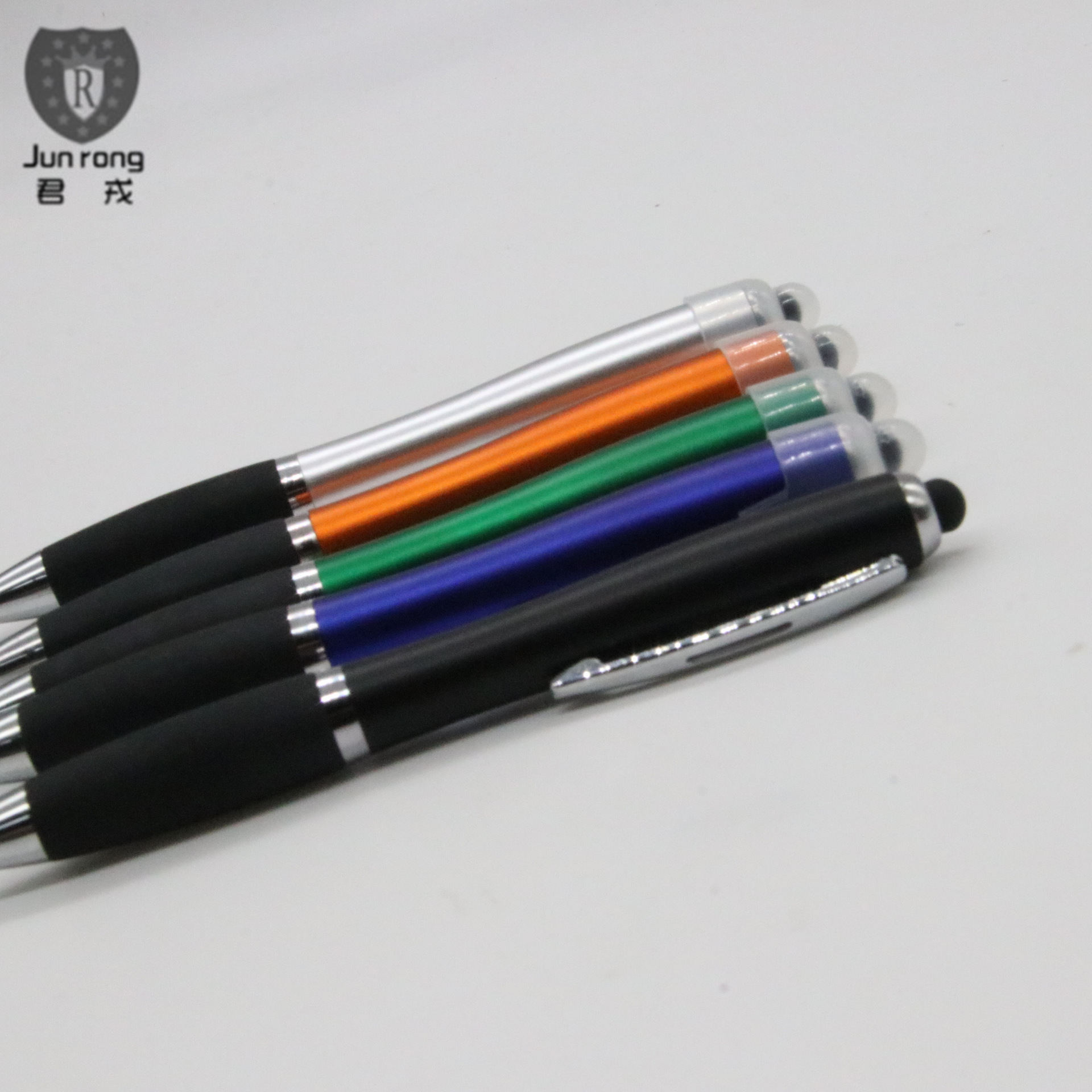 Bolígrafo de plástico con puntero táctil, logotipo láser, marca corporativa, artículos de papelería, 5 colores disponibles, bolígrafo de cinco colores para negocios.