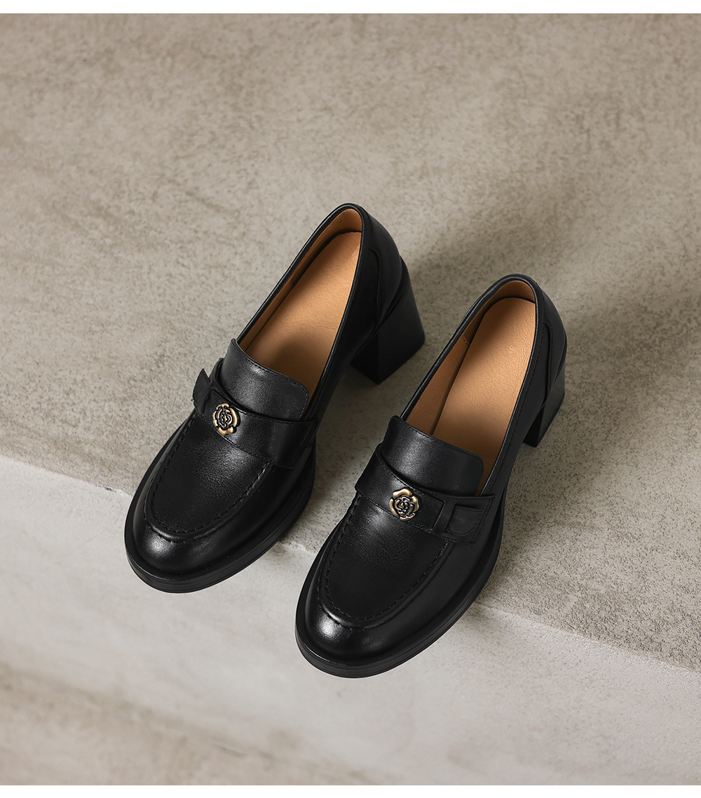 Giày loafer nữ cao gót phong cách Anh quốc vintage, da bò thật gót vuông — màu nâu chi tiết 16