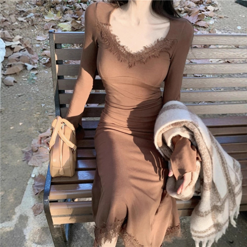 韩系黑色V领蕾丝拼接长袖鱼尾连衣裙女秋冬收腰修身气质包臀长裙|undefined