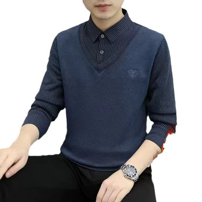 专业工厂批发代发秋冬季男士衬衫长袖加绒加厚开衫假两件针织毛衣