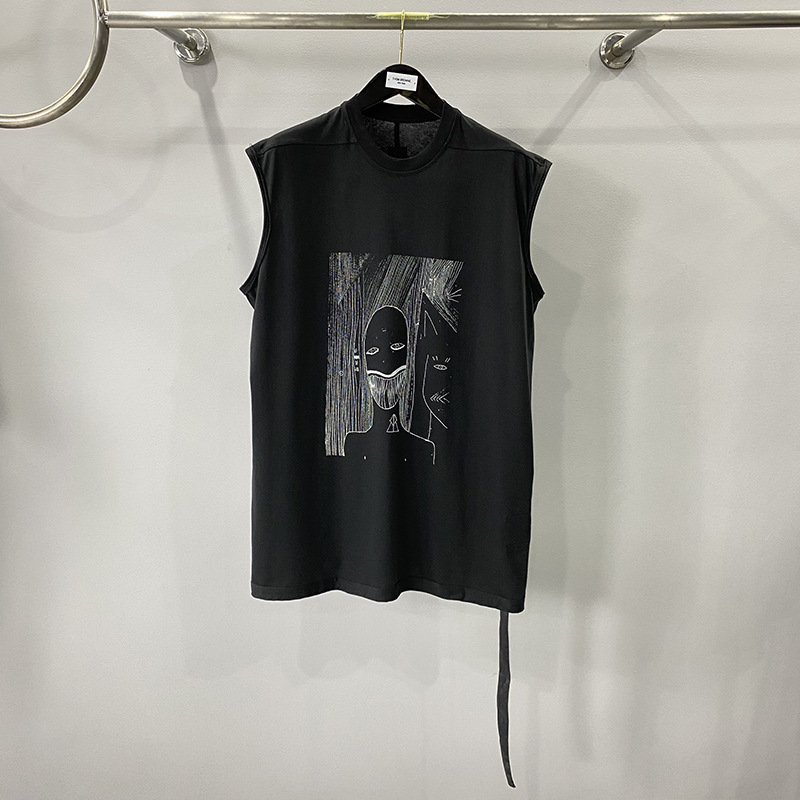 SUBHUMAN Men's | New Sketch Print Loose Plus Size Sleeveless Frayed Black Long Vest Tee Casual Style