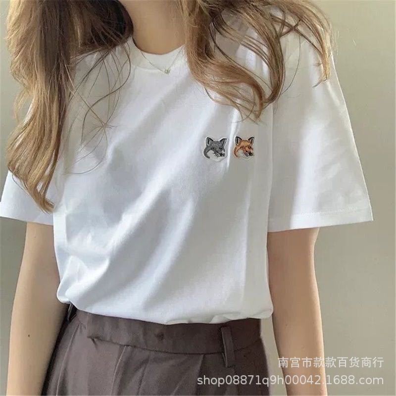 Shoulder T-shirt MK Classic Double-headed Small Fox Head Embroidered Crewneck Men's and Women's Casual Short-sleeved French Niche