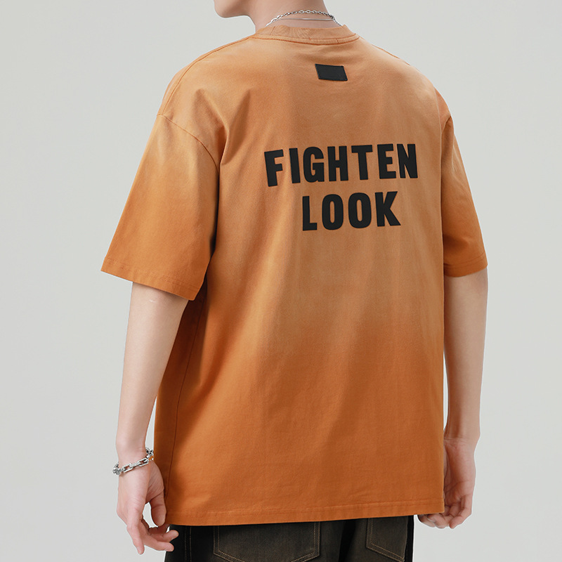 尚谷男装 高端重磅水洗做旧短袖T恤男宽松夏季复古印花圆领上衣男