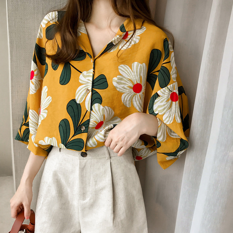 2024 Spring and Summer New Hong Kong Style Thin Yellow Printed Chiffon Shirt Top Women's Floral Sun Protection Women's Shirt