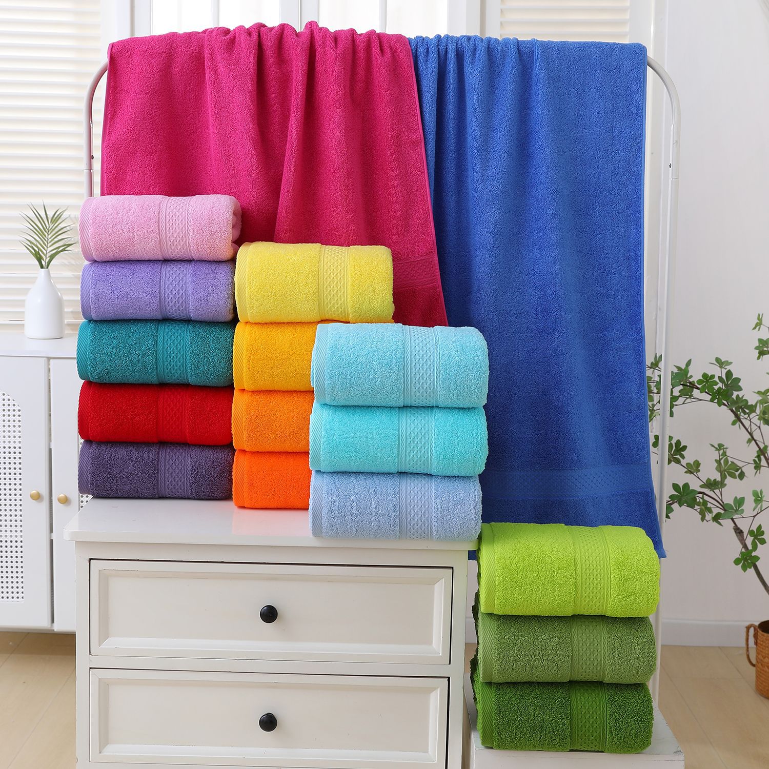 Cross-Border Foreign Trade Wholesale Cotton Solid Color Jacquard Towel Set with Satin Trim, Three-Piece Towel Set, Bath Towel, Square Towel, Six-Piece Set
